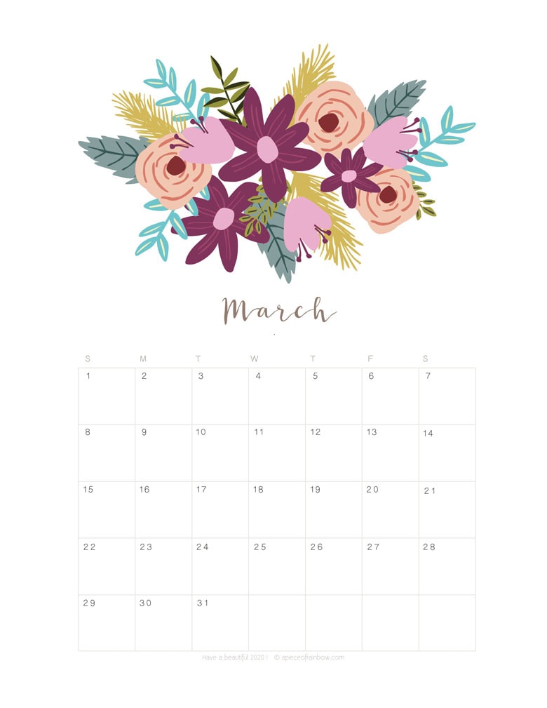 Free printable March 2020 calendar and monthly planner, with flowers bouquet / floral painting design!