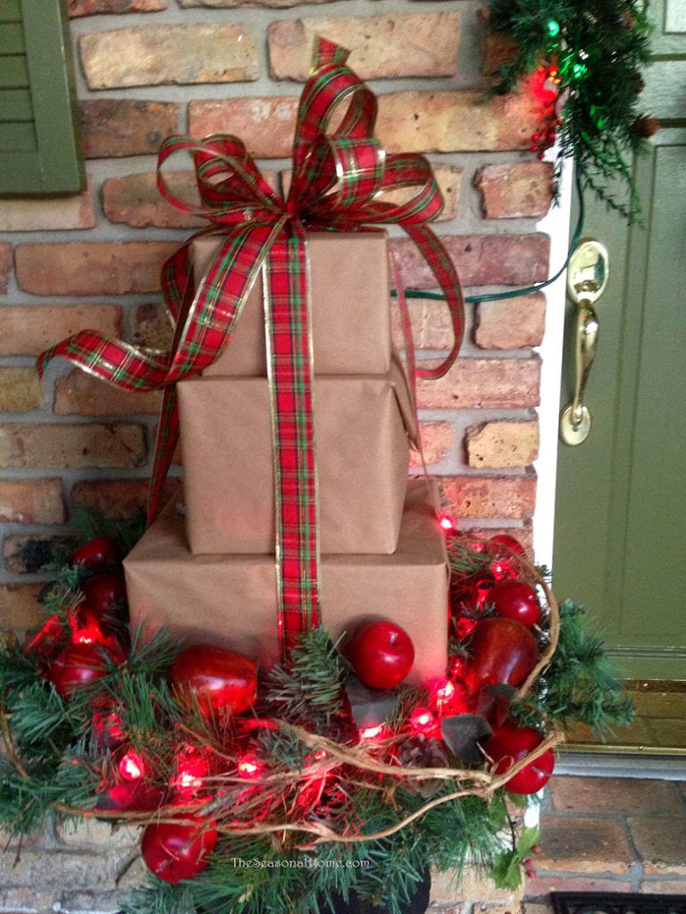 Christmas porch decor with vintage crate