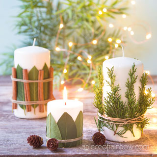Make beautiful Christmas candles & decorations with aromatic cedar, bay leaves, cinnamon sticks, etc. Easy farmhouse décor, crafts, and great gift ideas!