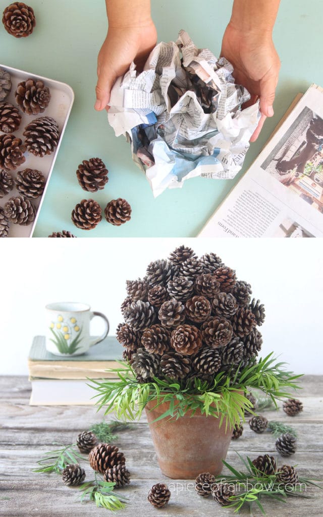 Make beautiful $1 farmhouse decor pine cone topiary with recycled paper & pinecones! Easy crafts, ornaments, & table decorations for Thanksgiving, Christmas and year-round! 