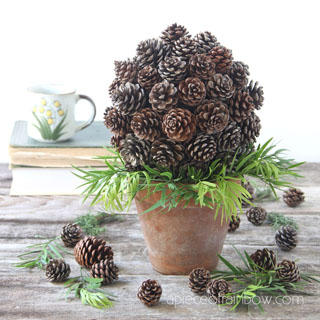 Make beautiful $1 farmhouse decor pine cone topiary with recycled paper & pinecones! Easy crafts, ornaments, & table decorations for Thanksgiving, Christmas and year-round!
