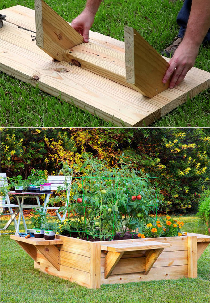 wood raised bed garden with  benches