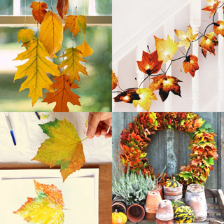 24 Gorgeous fall leaf crafts & easy DIY decor ideas such as colorful wreath, garland, kids leaf art printing, mason jars, Thanksgiving table centerpiece, etc!