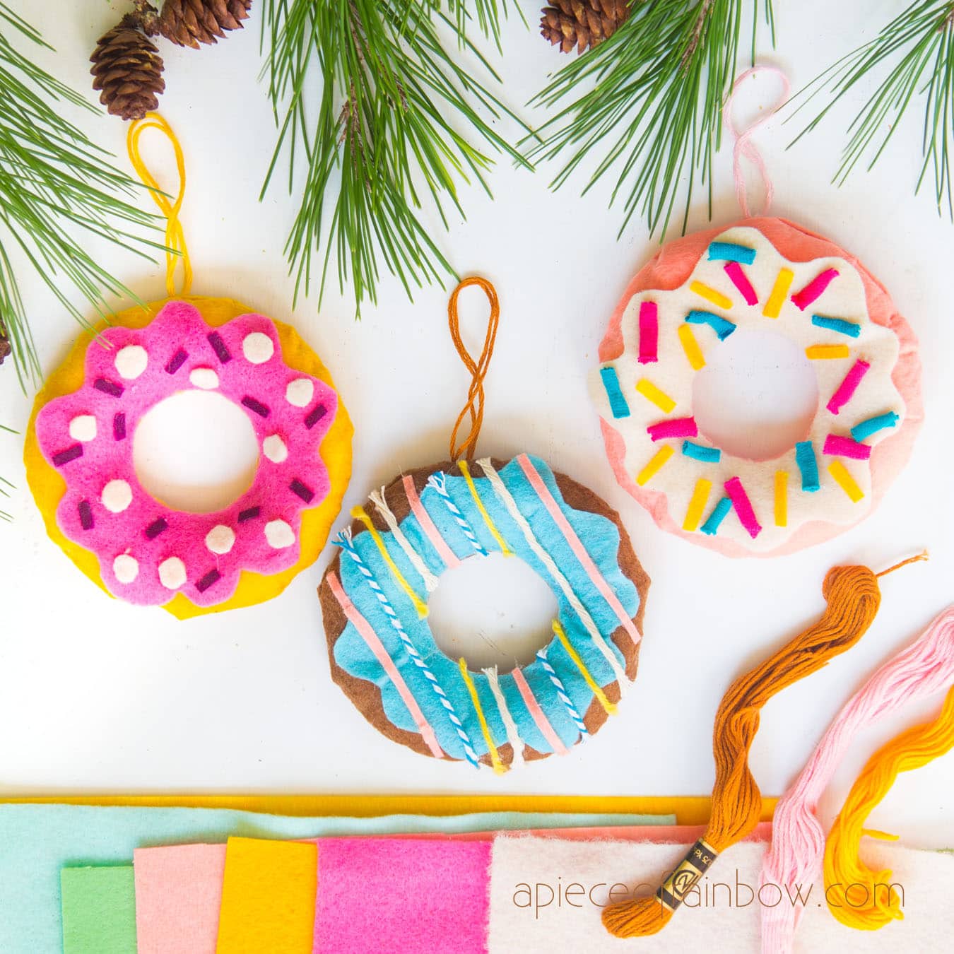 Anthropologie style handmade no-sew felt donut Christmas ornaments