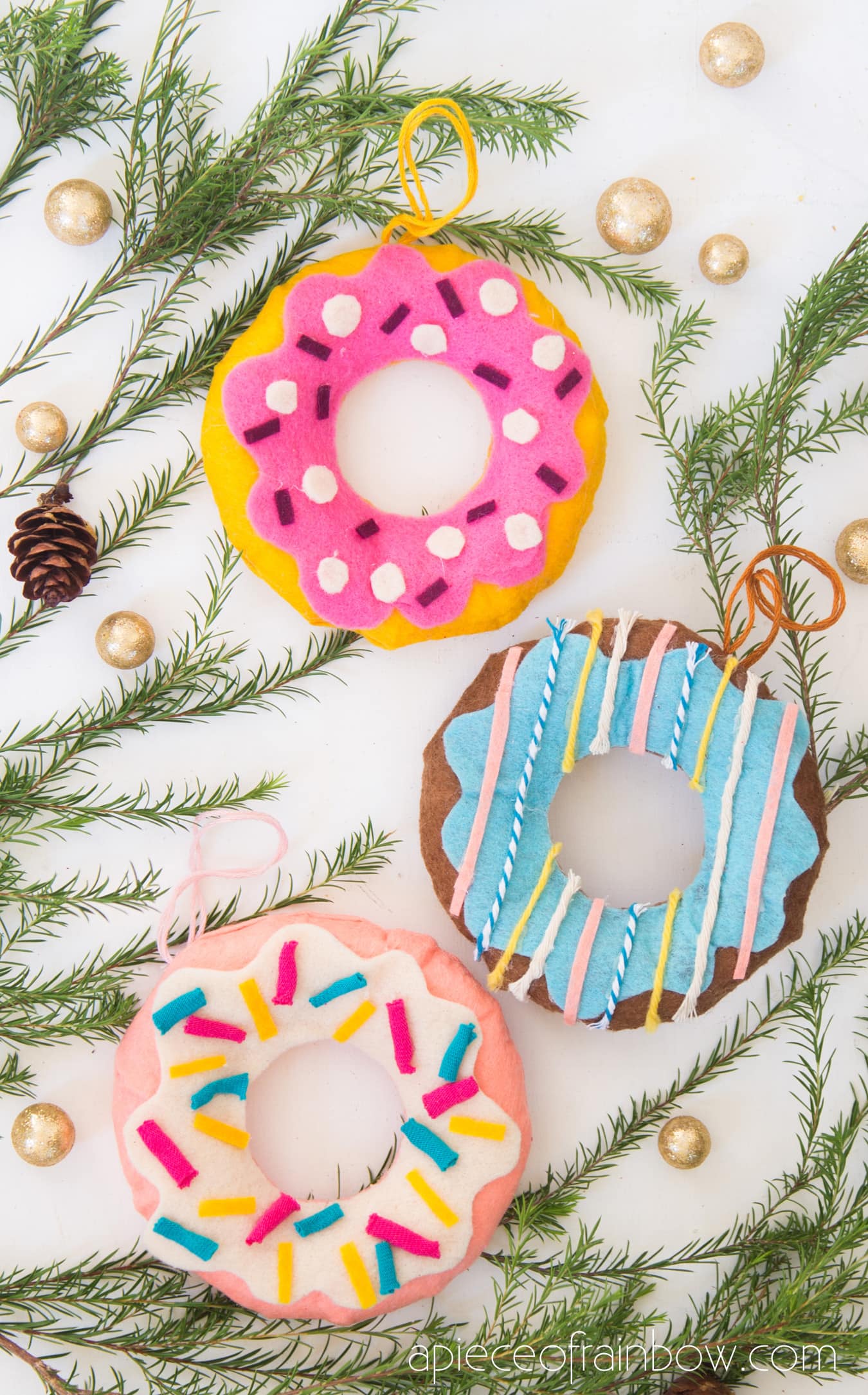 no-sew felt donut Christmas ornaments, fun crafts & easy DIY decorations in Anthropologie bohemian colorful style