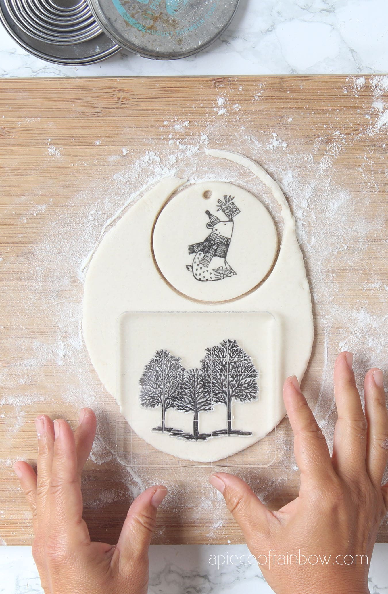 how to make stamped salt dough or air dry clay Christmas ornaments & gift tags  in Scandinavian, boho, rustic style