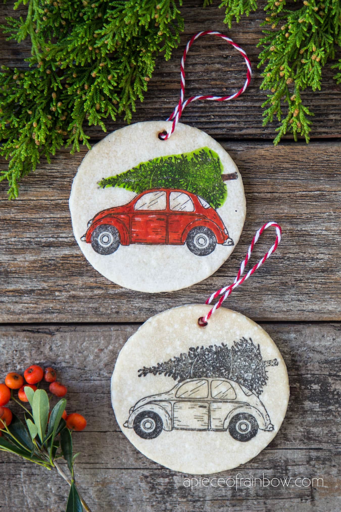 red car with Christmas tree on top DIY ornaments with salt dough