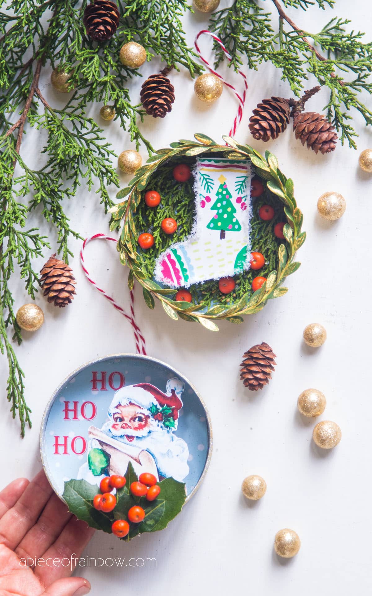 Anthropologie vintage DIY Christmas ornaments with Santa and stocking, easy crafts and decorations made from paper and recycled cans