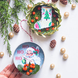 Upcycle tuna cans to make vintage Christmas ornaments for almost free! Beautiful farmhouse decor & easy paper crafts with printable templates!
