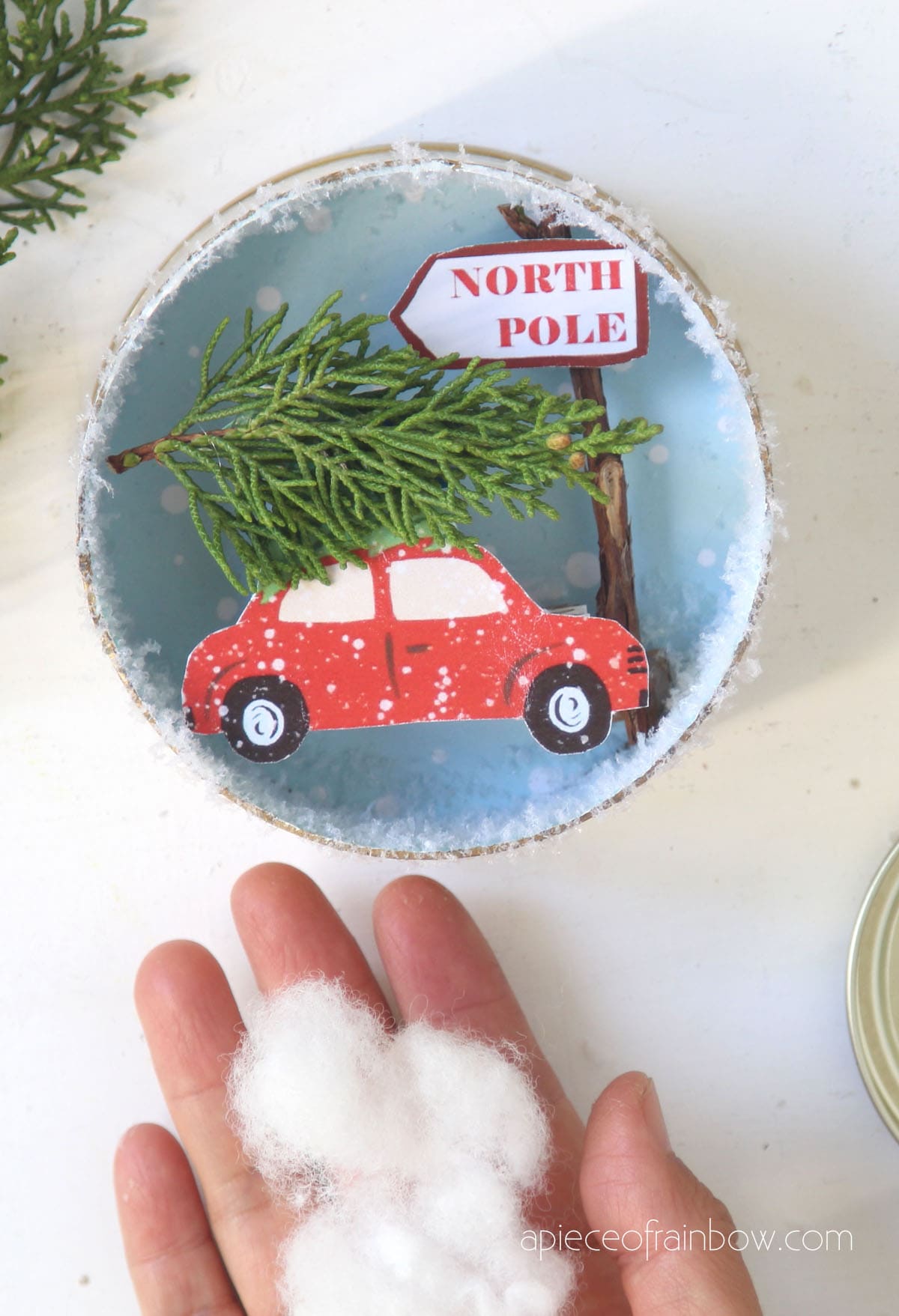 use  polyfill or cotton ball as snow to complete the winter wonderland Christmas tree ornaments