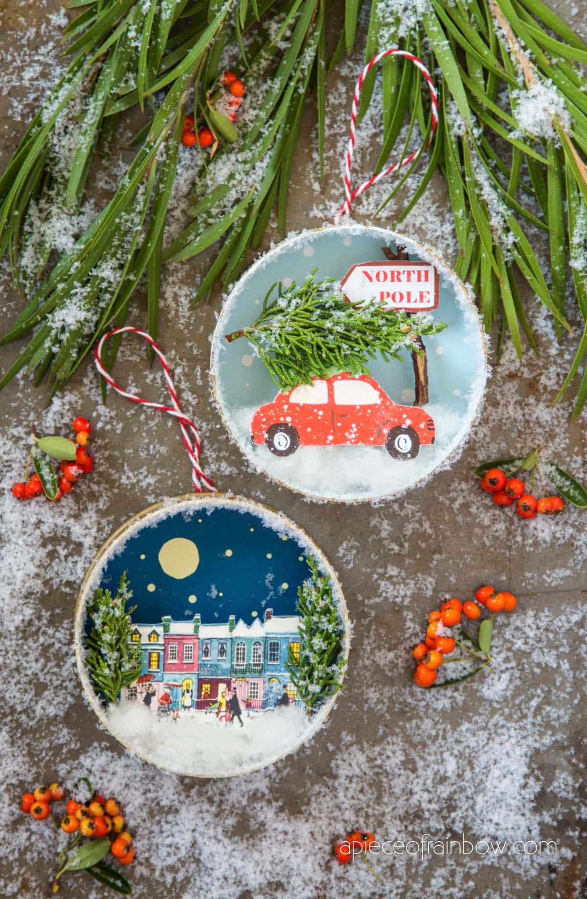 Beautiful DIY winter village & red car Christmas tree ornaments, decorations & crafts in vintage, farmhouse, & Anthropologie style
