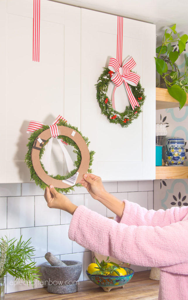  attach Christmas wreath to kitchen cabinet doors