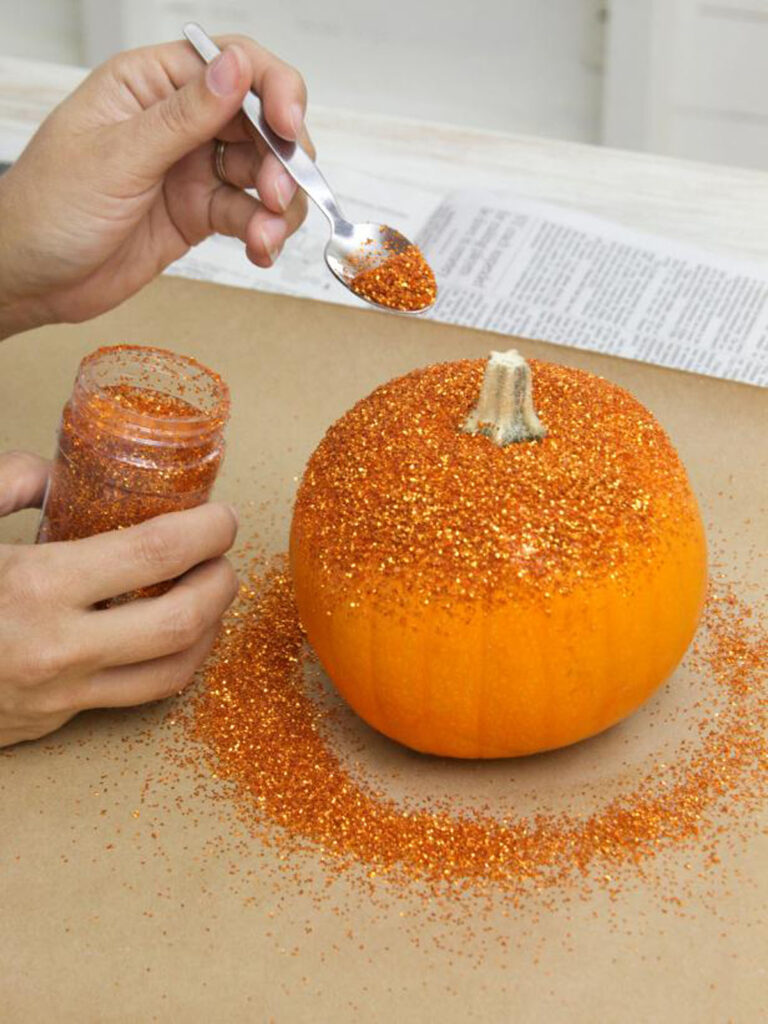 No carve pumpkin decorating with glitter