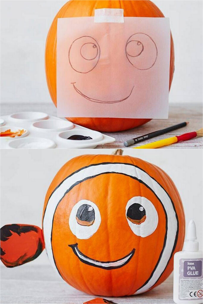 Paint a Nemo pumpkin , No carve Disney pumpkin decorating ideas for kids