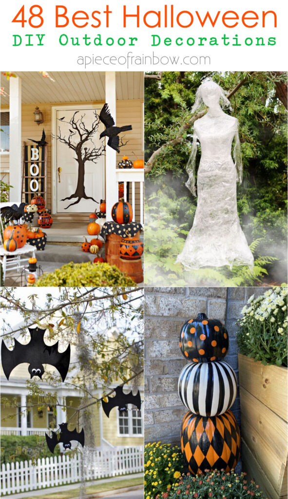 best DIY Halloween Outdoor decorations! Easy fun inexpensive fall decor & crafts ideas like pumpkins, ghosts, spiders for front door, porch, yard & driveway!