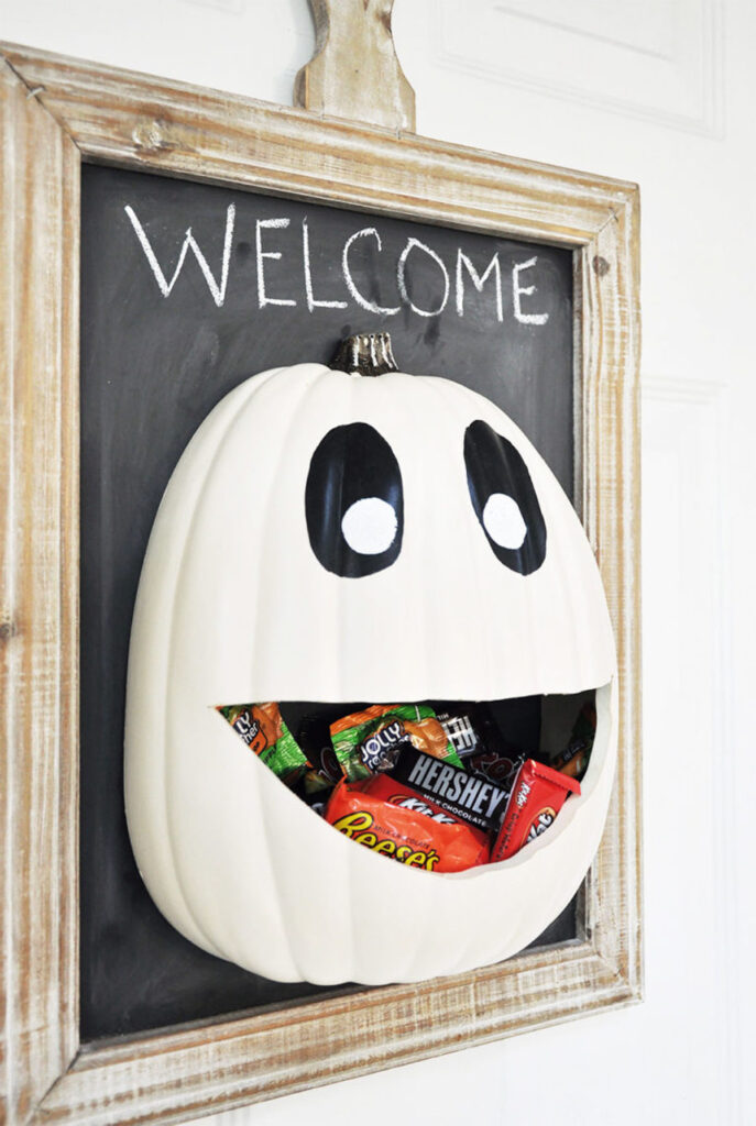 Chalkboard pumpkin Halloween door decorations with candies