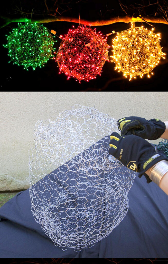 make Outdoor Christmas light balls with chicken wires 