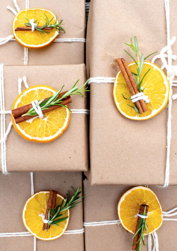 Use dried orange slices for natural Christmas gift wrapping 