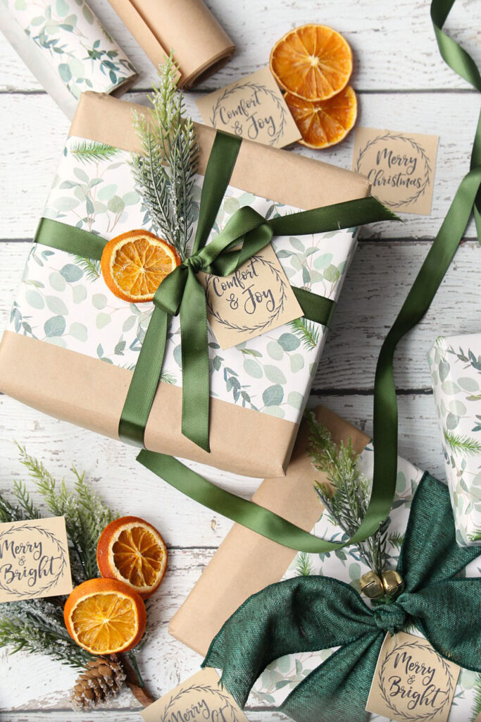 dried orange slices with forest green ribbons to make elegant Christmas gift wrapping
