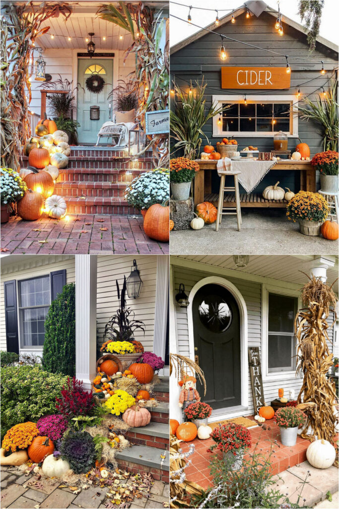 gorgeous fall outdoor decorations, Thanksgiving & Halloween ideas with DIY front porch planters, door wreaths, stacked pumpkins, mums & flowers