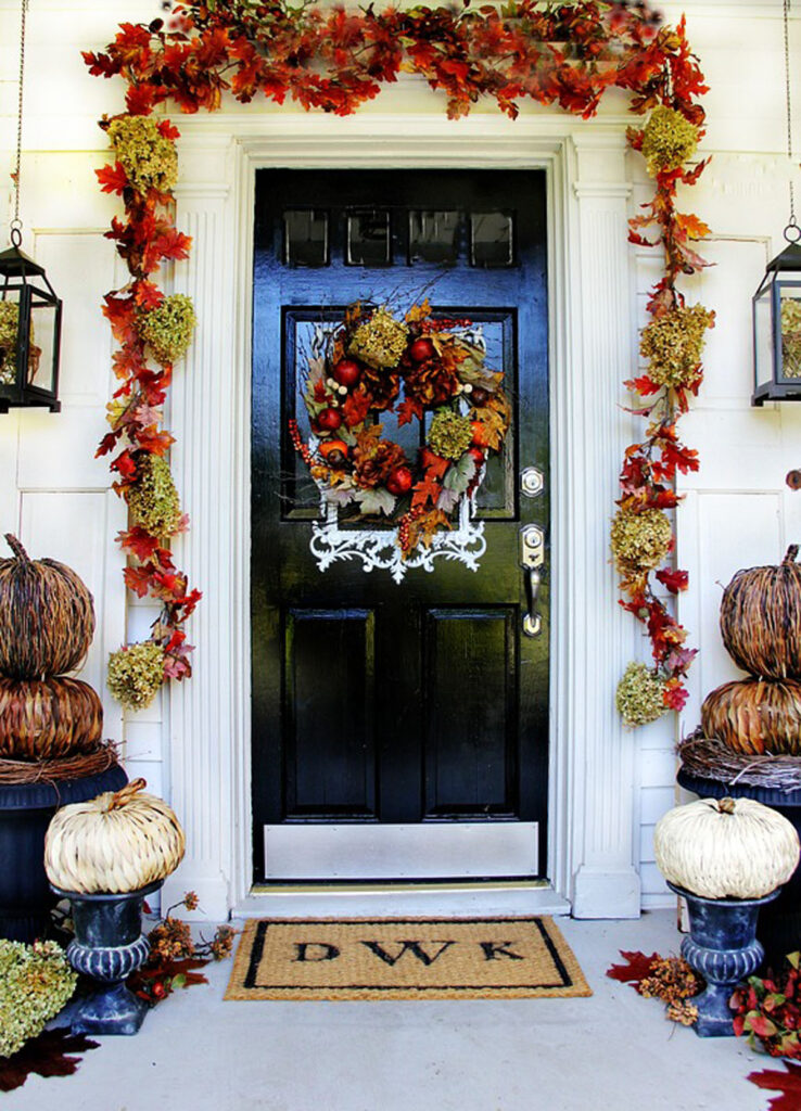 Decorate front porch and door with DIY outdoor fall garlands