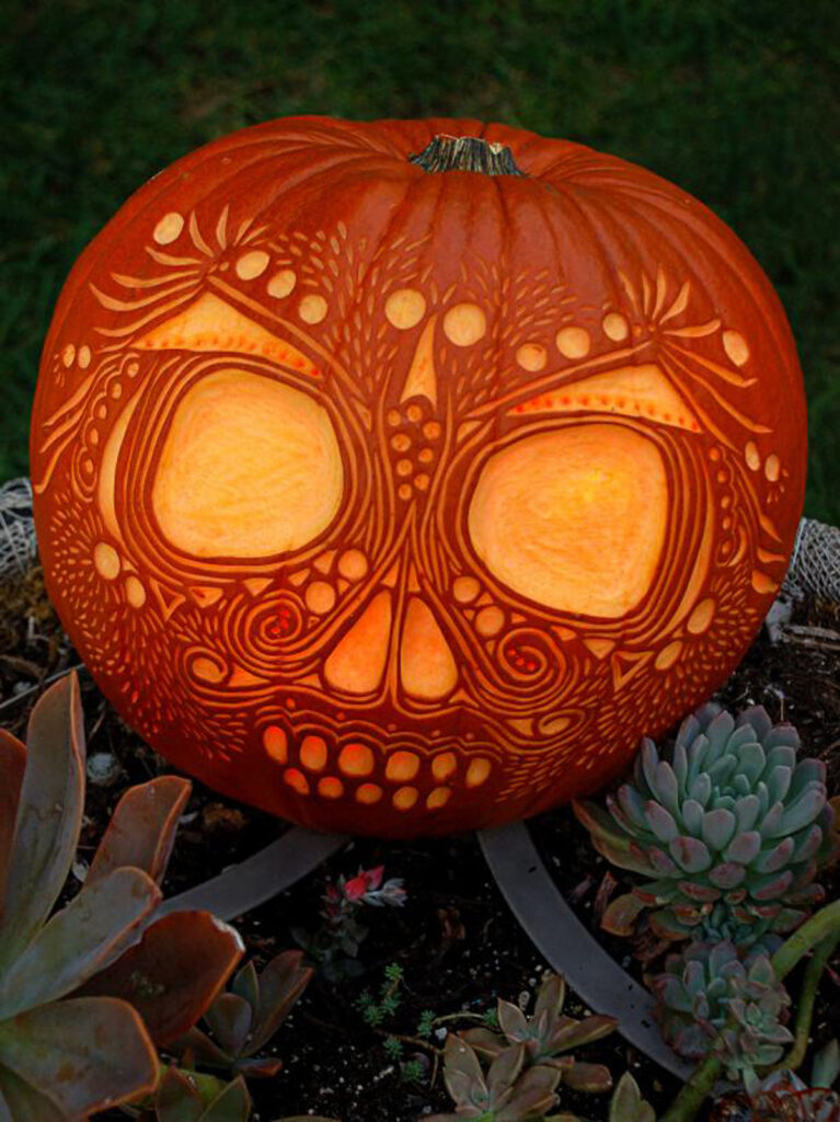 Day of the Dead skull pumpkin carving