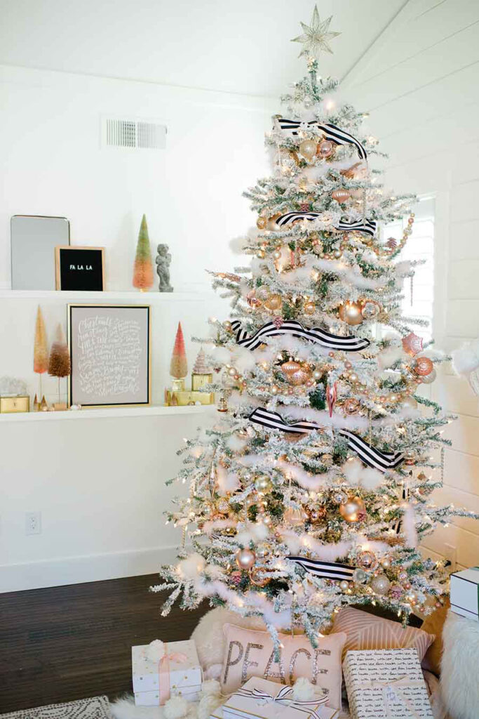 Modern black and white ribbon decorated Christmas tree