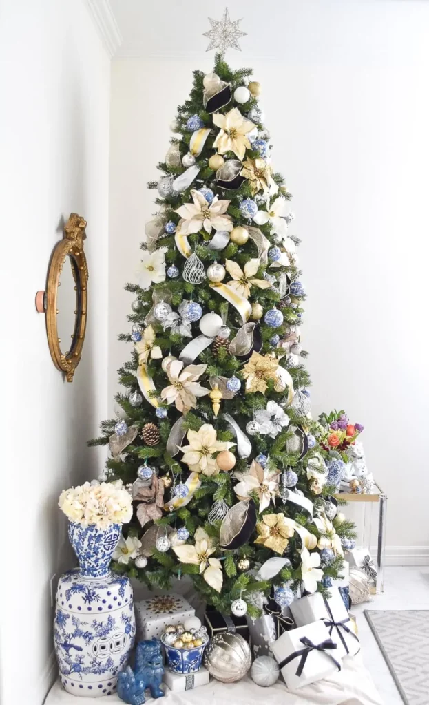 Boho glam Christmas tree with ribbons and flowers
