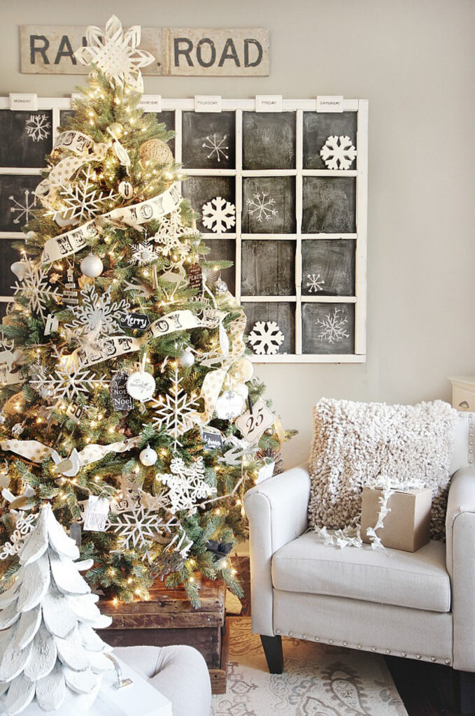Cozy neutral farmhouse Christmas tree ribbon ideas