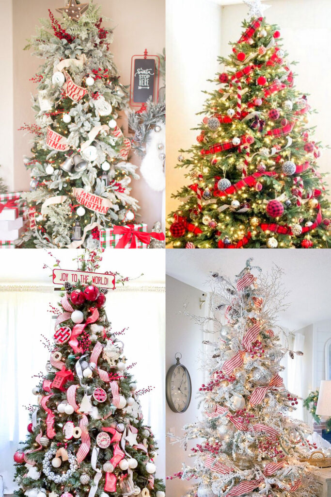traditional,  vintage & farmhouse Christmas tree red ribbon ideas 