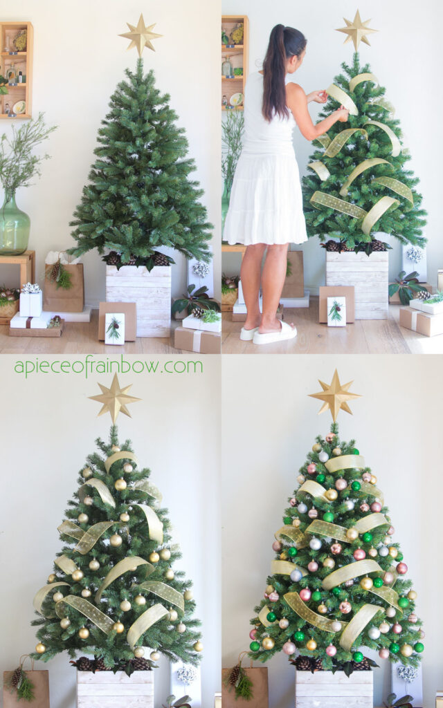 How to decorate a modern elegant Christmas tree with gold ribbons and colorful ornaments