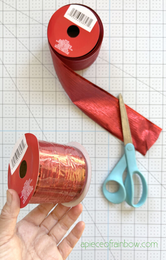 Materials and tools to decorate a Christmas tree with ribbons