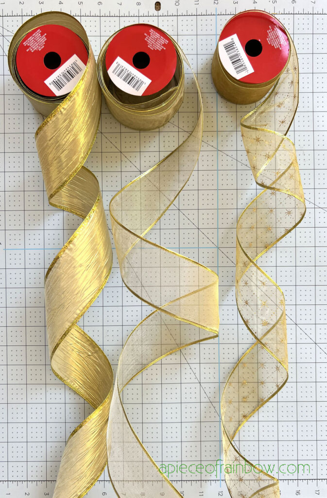  gold ribbons in different textures such as chiffon and organza