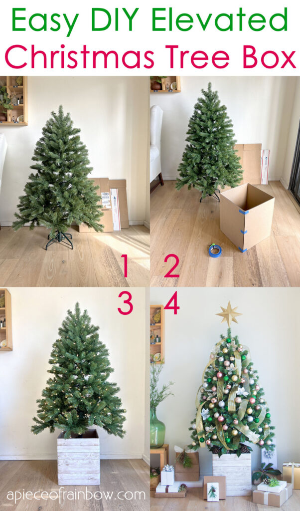Easy $1 DIY elevated Christmas tree box stand to make a tree taller in small space home decor. Modern rustic wood planter made with cardboard