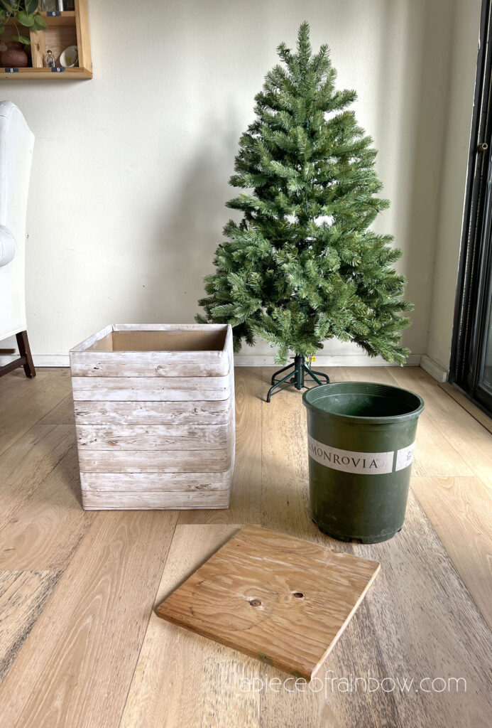 Modern rustic wood Christmas tree planter made with cardboard