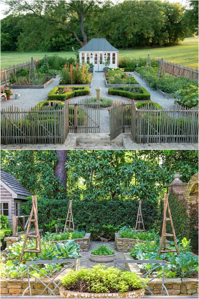 Symmetrical edible landscape design creates beautifully defined spaces for different types of vegetables, herbs, and flowers. 
