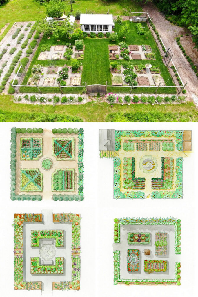 Geometric square, rectangular, and L-shape garden plans