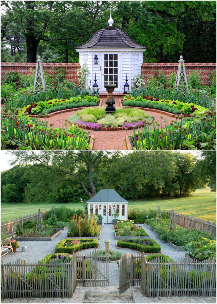 Decorative vegetable garden design elements: benches, obelisk, birdbath, fountains